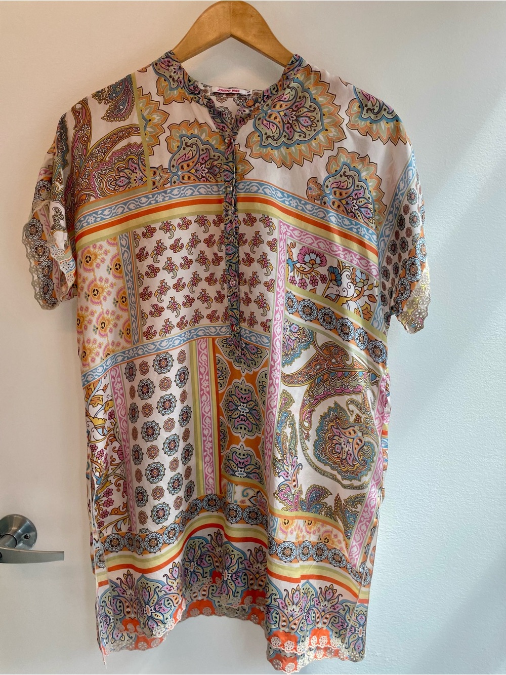 Johnny Was  Patchwork Paisley Short-Sleeve Shirt in Pink, Cream & Yellow Small